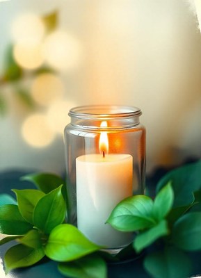 A white candle is burning inside a glass jar
