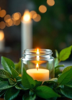Bright candle glows in a jar of green leaves