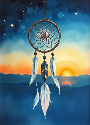 A dream catcher hangs against a sunset sky