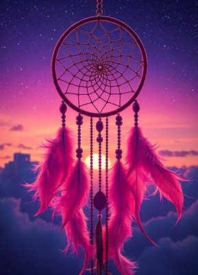 A pink dreamcatcher hangs against a vibrant sunset