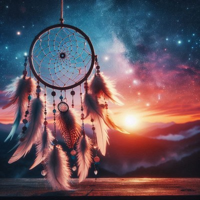 A dreamcatcher hangs against a sunset sky