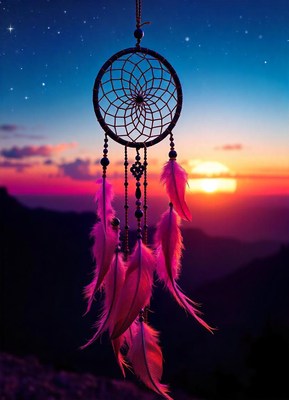 A dreamcatcher hangs against a vibrant sunset