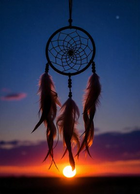 A dreamcatcher hangs in the sunset