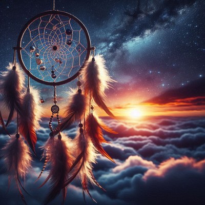A dream catcher hangs above the clouds at sunset