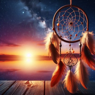 A dreamcatcher hangs over a wooden dock at sunset