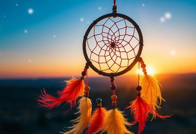 A dream catcher hangs against a sunset sky