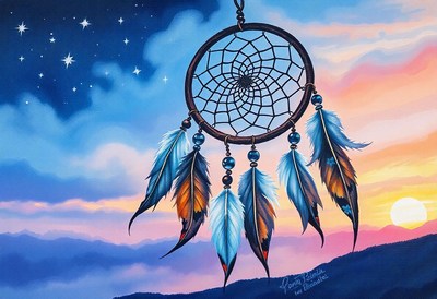Dreamcatcher sways against a sunset sky