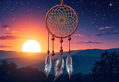 A dream catcher hangs against a stunning sunset