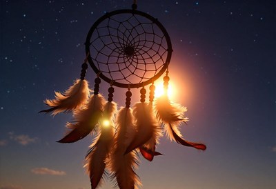 A dreamcatcher hangs against the evening sky