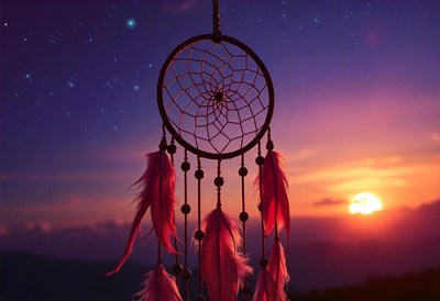 A dreamcatcher hangs in the evening sky