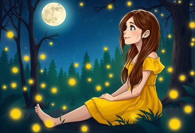 A girl sits in a forest at night, watching fireflies