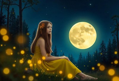 A young woman sits on a grassy hill in a forest at night