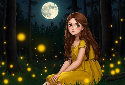 A girl sits in a forest at night, surrounded by fireflies