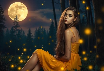 A woman sits in a moonlit forest with fireflies