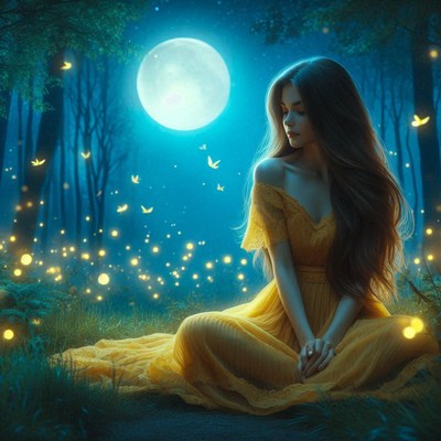A woman sits under the moonlight in a forest