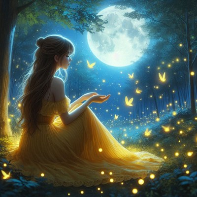 A woman sits under the full moon, surrounded by fireflies