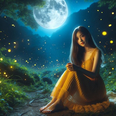 A woman sits in a forest at night under a full moon