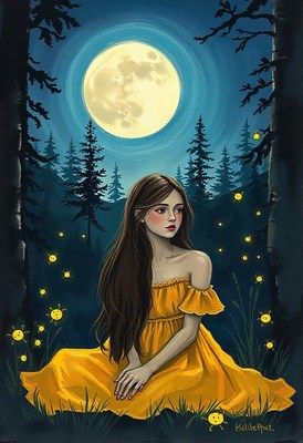 A woman watches fireflies under the full moon