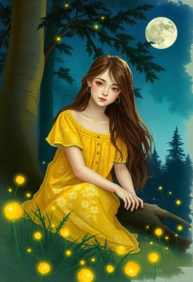 A girl in a yellow dress sits in the forest at night