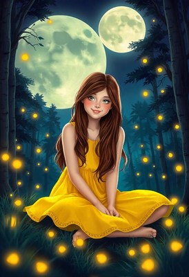 A girl sits among fireflies in a summer forest