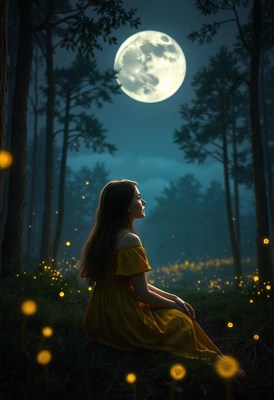 A woman sits in a forest at night, surrounded by fireflies