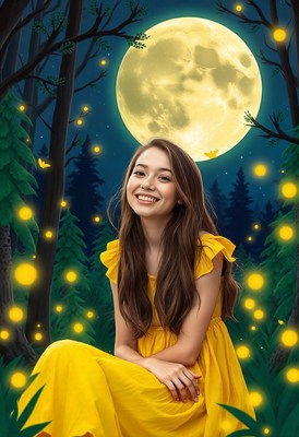Woman in yellow dress smiles with fireflies and moon