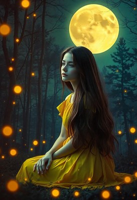 A woman sits in a forest under a full moon