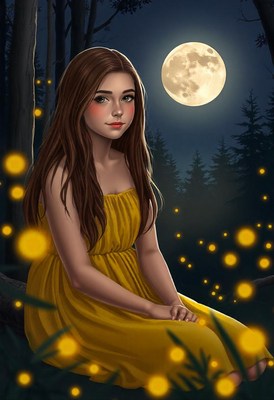 A woman sits in a forest at night, surrounded by fireflies