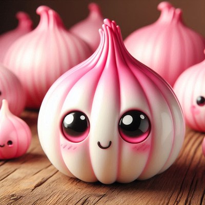 A pink garlic with big eyes smiles on a wooden surface