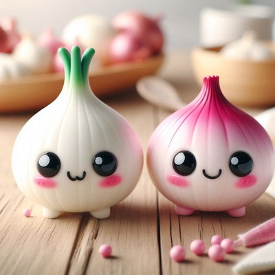 Two cute onions on a wooden table