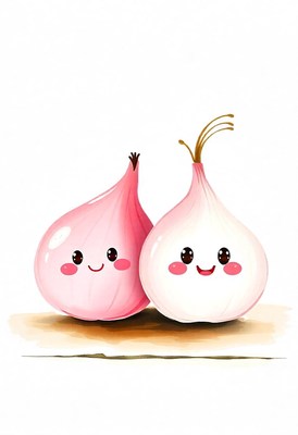Two happy onions on a table