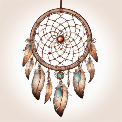 Brown dreamcatcher with feathers on a light backdrop