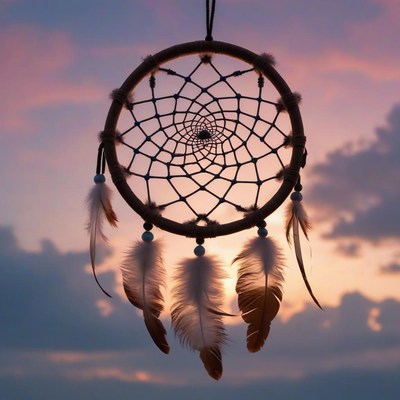 A dream catcher hangs against a beautiful sunset