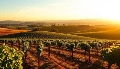 Vineyard rows bathed in golden light at sunset