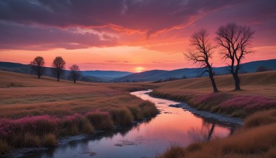 A winding river flows through a field at sunset