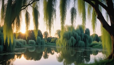 Willow trees frame a peaceful pond at sunset