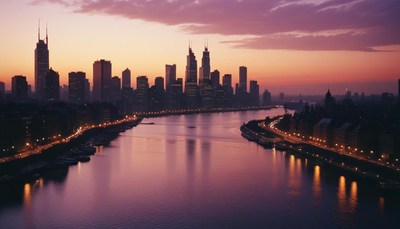 The city skyline is illuminated at dusk