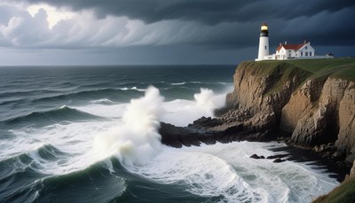 A lighthouse towers over a stormy sea cliff
