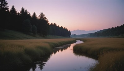 A winding river flows through a field at sunset