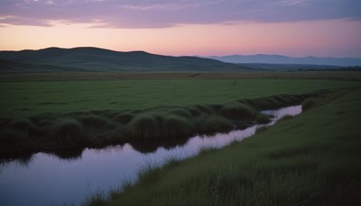 A winding creek flows through a grassy field at dusk