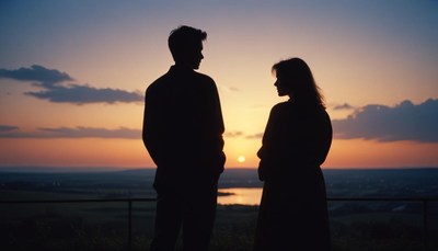 A couple stands silhouetted against the sunset