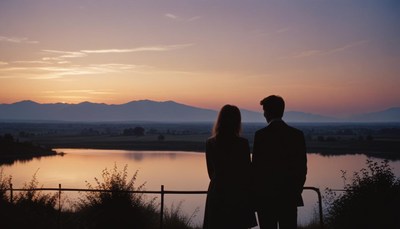 A couple watches the sunrise over a lake