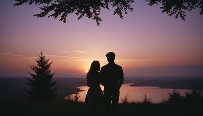 A couple silhouetted against a sunset overlooking a lake