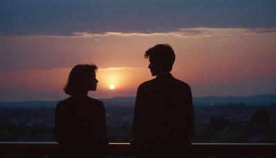 A couple watches the sunset over the hills