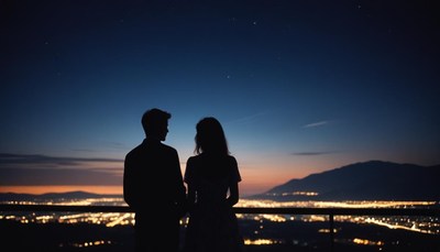 Couple on a balcony gazes at a city skyline