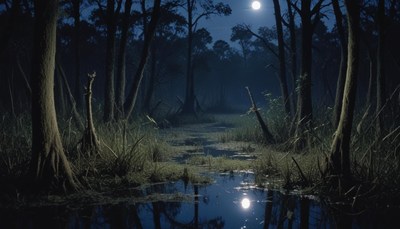 A full moon shines over a swampy forest at night
