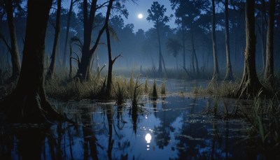 A misty swamp lit by a full moon
