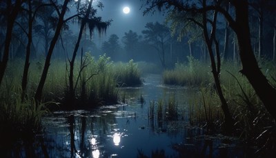 A full moon illuminates a serene swamp at night
