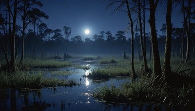 A full moon shines over a swamp at night