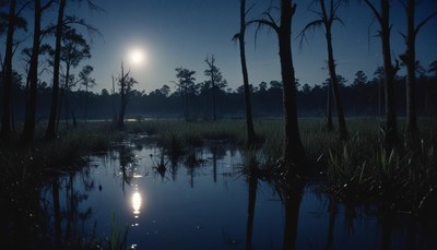 The moon shines brightly over a still swamp at night